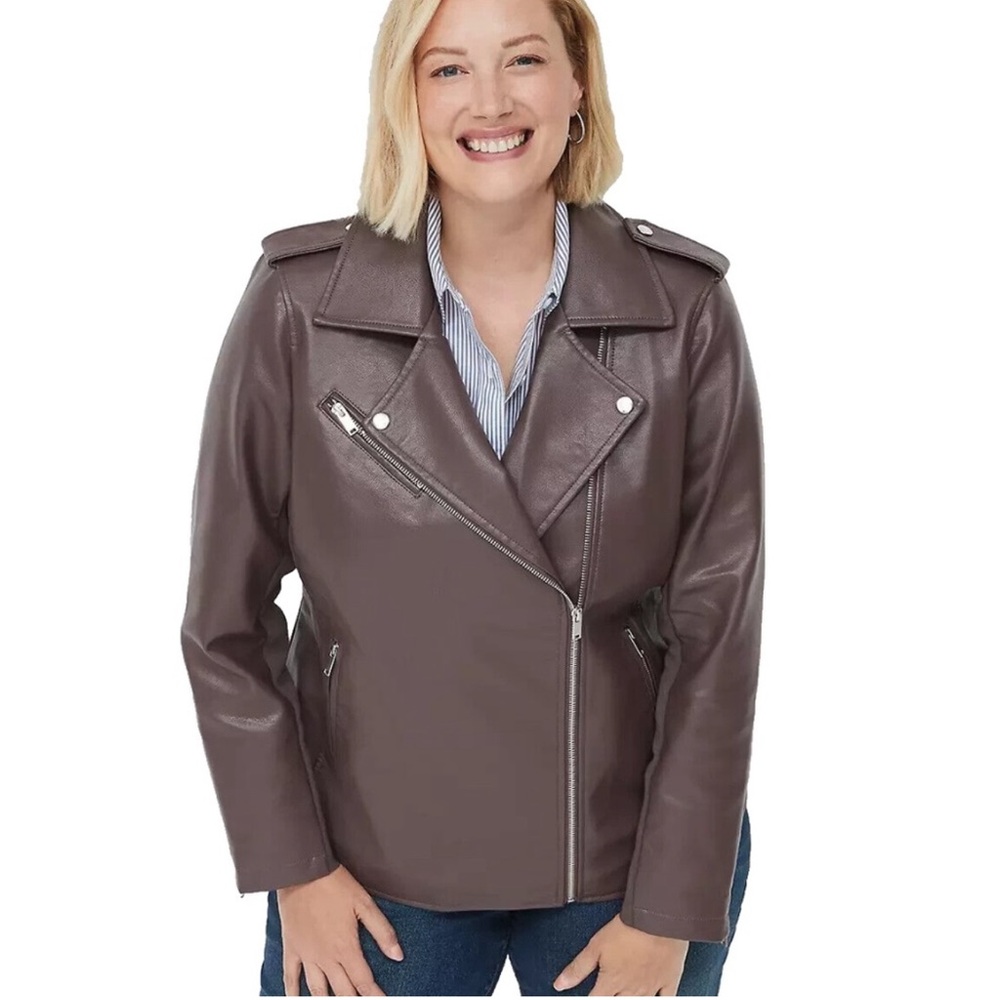 Lane Bryant Faux-Leather Moto Jacket Brown Mauve Sz 14/16